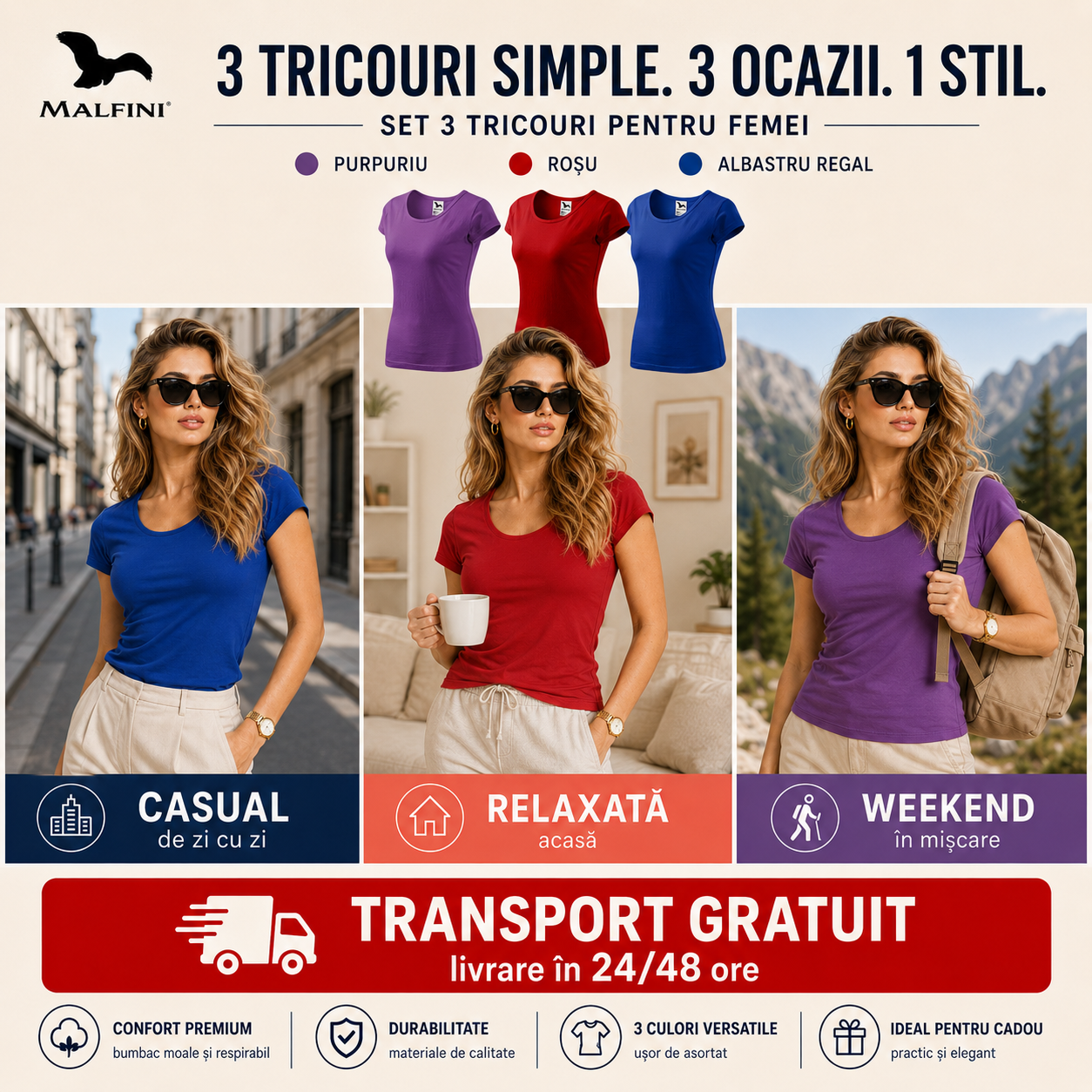 Tricouri damă din bumbac 100% cu decolteu roșu purpuriu albastru regal